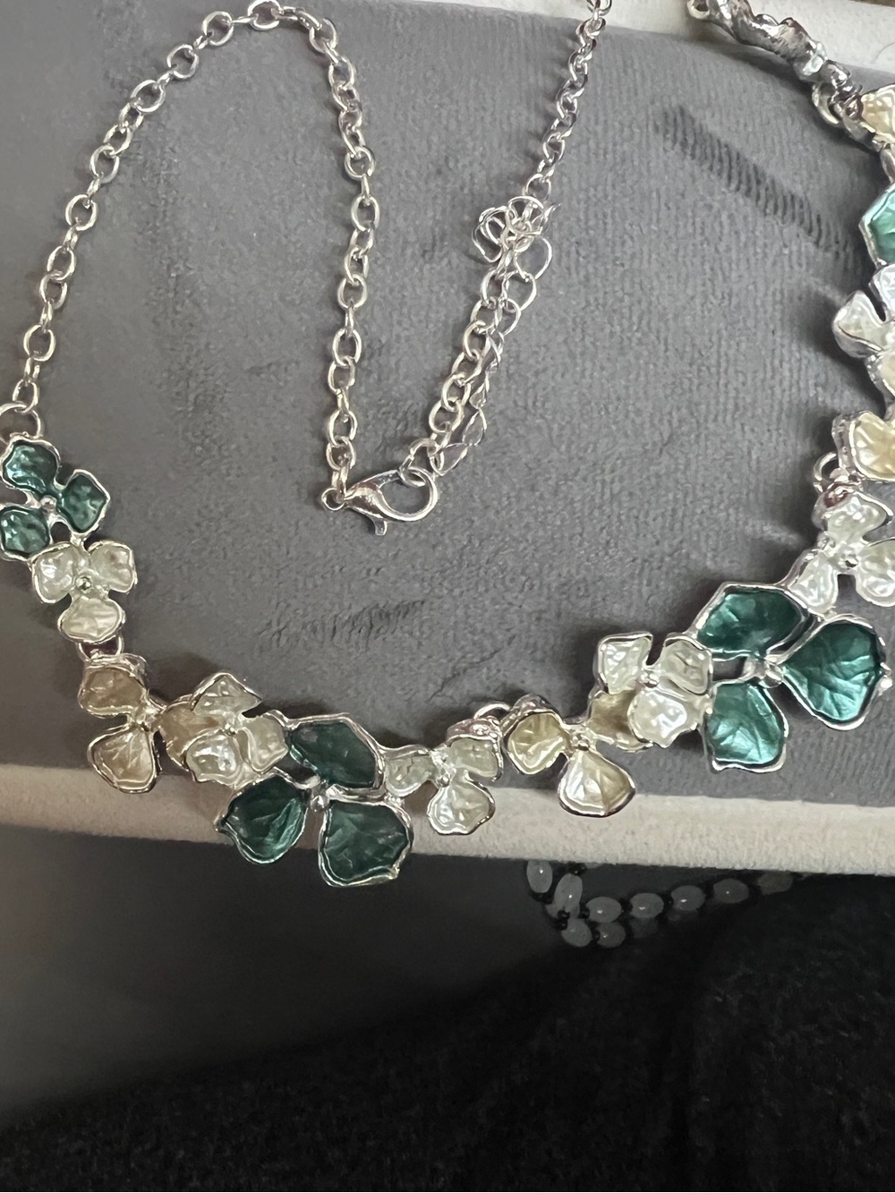 Vintage Style Silver Tone Green & Cream Enamel Flower Choker Necklace